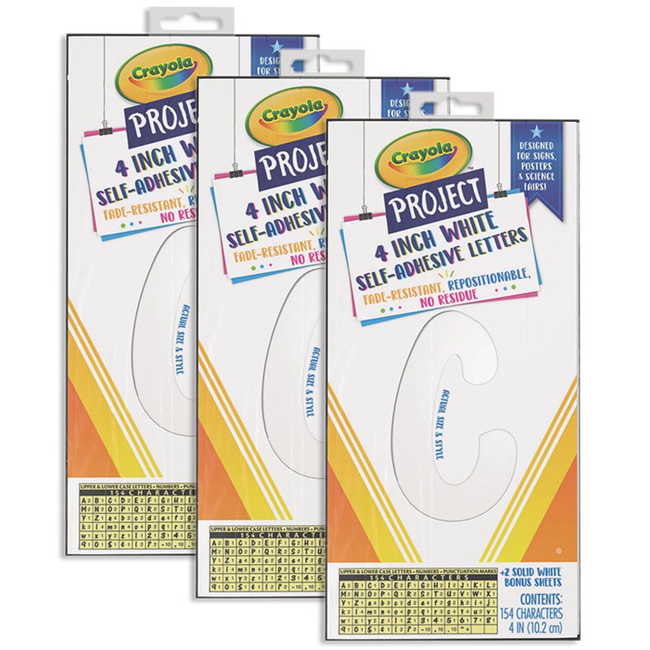 Self-Adhesive Upper & Lowercase Letters, White, 154 Characters Per Pack, 3 Packs